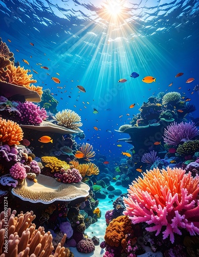Vibrant underwater scene filled with coral reefs and colorful fish