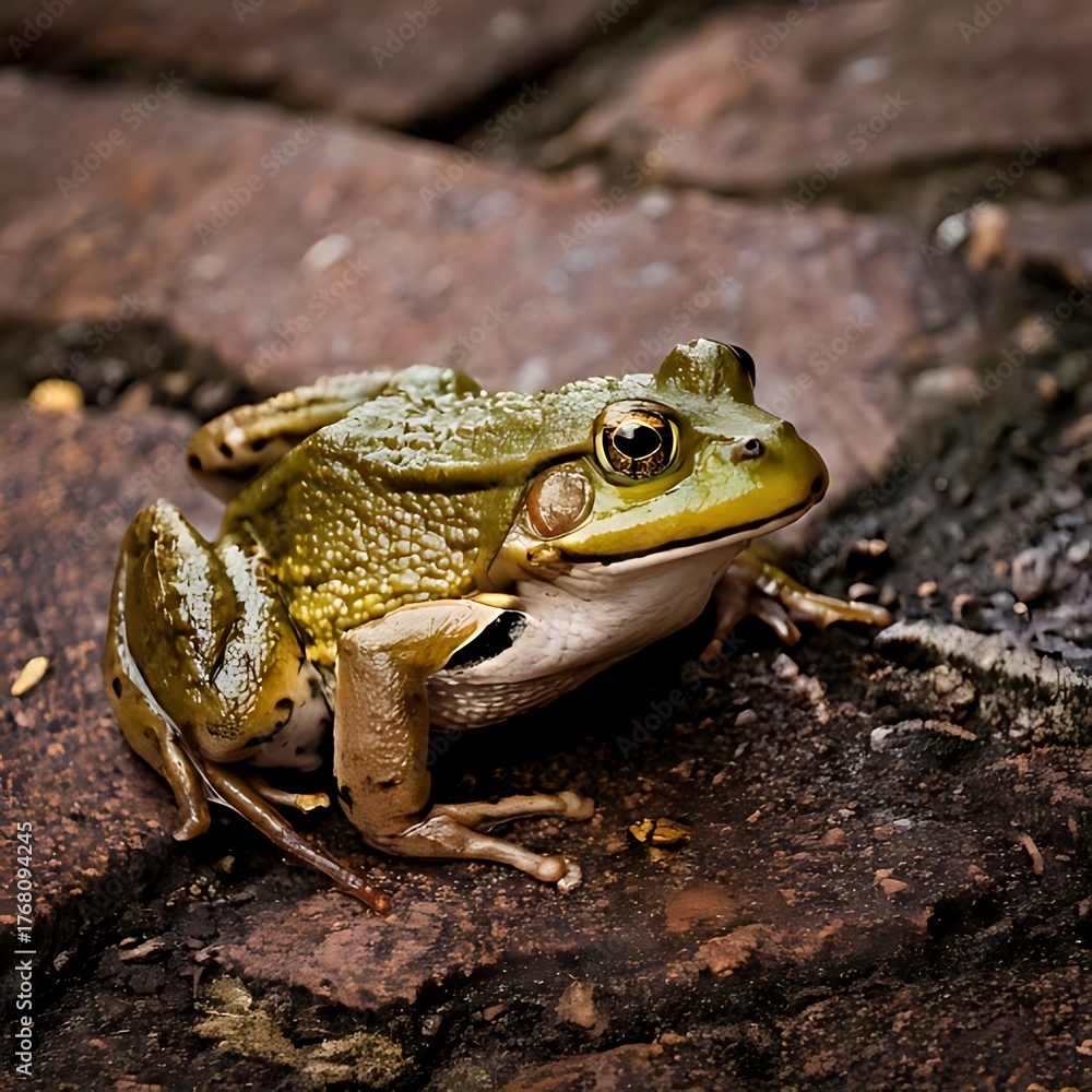 Obraz premium Close-up of a green frog resting on a textured, brick-paved surface
