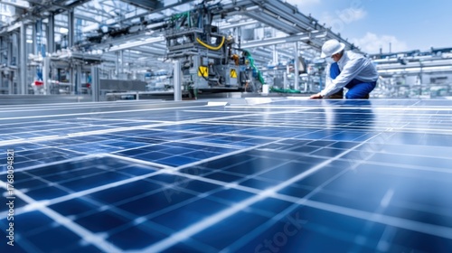 Engineer Working on Solar Panel Installation at Modern Renewable Energy Facility