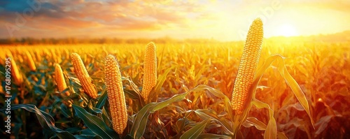 Golden cornfield at sunset with fully grown corn ears illuminated by warm sunlight under a colorful sky