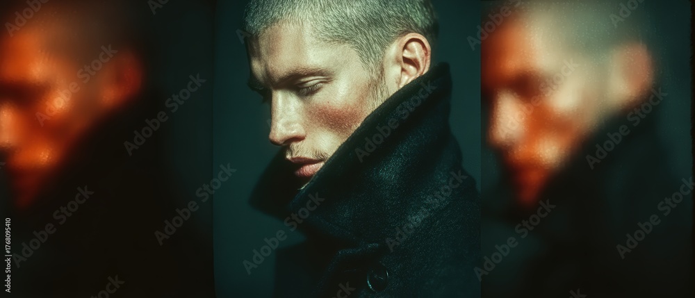 Fototapeta premium Thoughtful man in dark coat with short hair and subtle expression against blurred background, strong profile shot