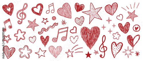 Grunge rock punk music elements with hand drawn.Lightning, star, notes and crown in doodle style vector set.