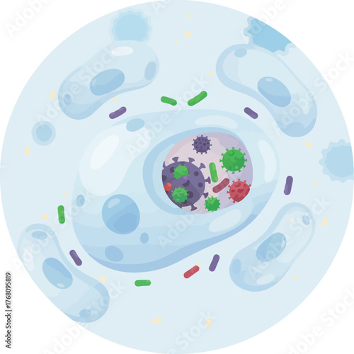 Microscopic view of cells containing viruses and bacteria, surrounded by other cells, in a circular frame.