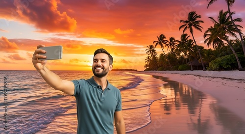 Smiling man capturing a beautiful tropical beach sunset selfie during a relaxing vacation
