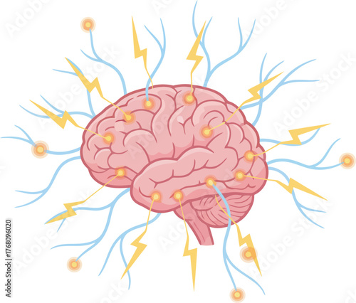 Illustration of a human brain with neural connections, electrical impulses, and glowing nodes, representing thought processes.
