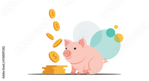 Cute pink piggy bank with gold coins falling into it, symbolizing savings and financial growth.