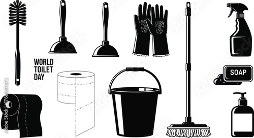 Vector art of world toilet day cleaning tools