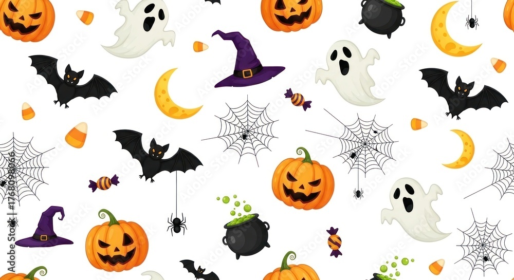 Fototapeta premium Seamless Halloween pattern with festive spooky pumpkins, ghosts, bats, hats, candy, and webs