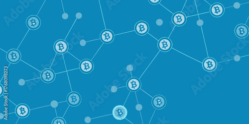 Seamless pattern of interconnected bitcoin symbols forming a digital network on a blue background