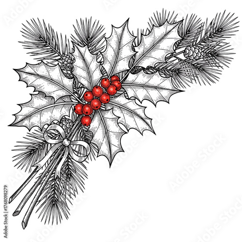 Black and White Christmas Holly Corner Border with Red Berries, Bow Ribbon, and Fir Branches - Festive Line Art Vector Illustration