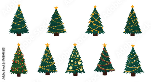 Collection of decorated Christmas trees with stars and ornaments on a white background.