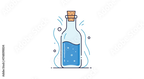 Illustration of a clear glass bottle filled with blue liquid and a cork stopper.