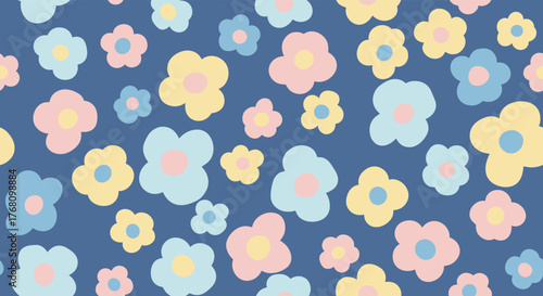 A repeating pattern of cheerful, pastel-colored flowers on a dark blue background.