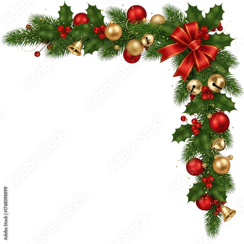 Christmas Corner Border with Holly Pine Red Gold Baubles Bells Berries and Bow Vector Decoration on Transparent Background