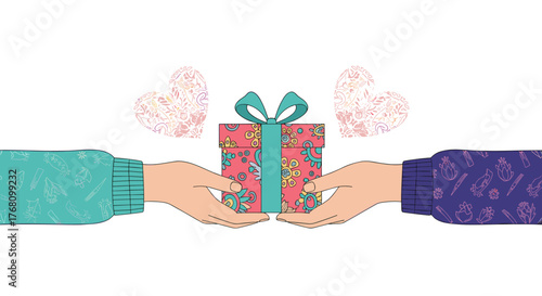 Two hands exchanging a gift box with decorative hearts floating above.