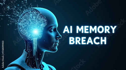Futuristic female android with a glowing brain, symbolizing AI memory breach and advanced technology.