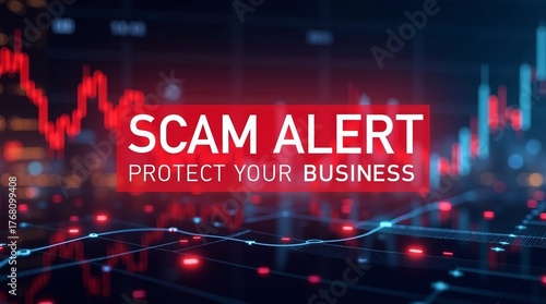 Scam alert graphic conveying urgency for businesses to stay vigilant against scams.