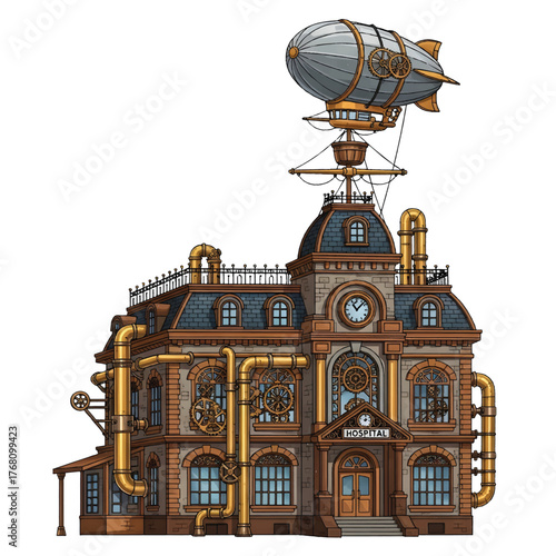 Ornate Steampunk Medical Hospital with Clockwork Details