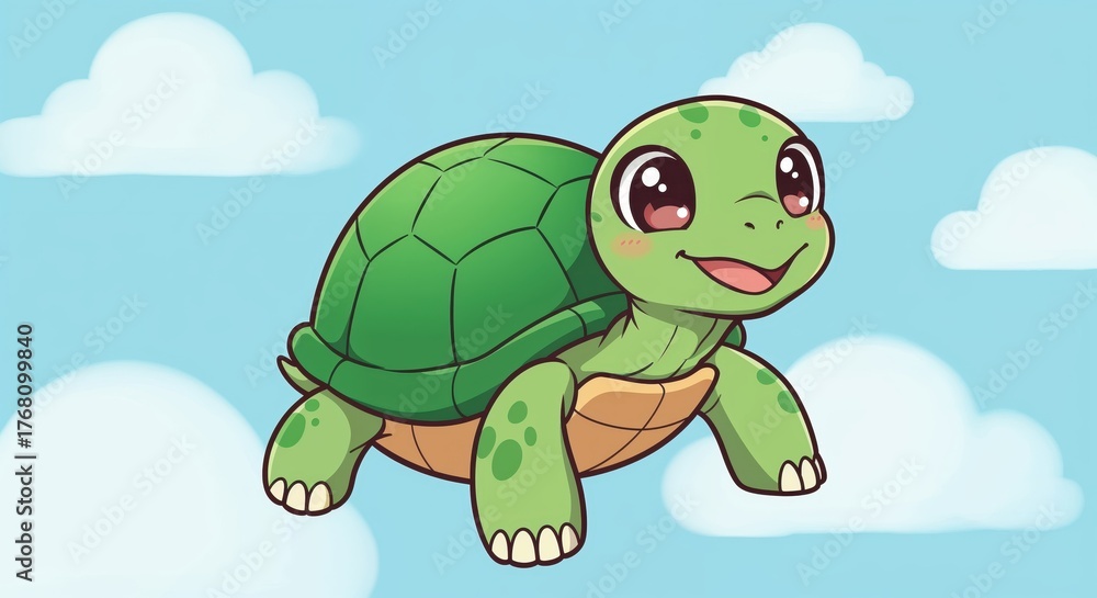 Fototapeta premium Cartoon Turtle Soaring Through the Sky: A whimsical depiction of a cheerful turtle, animated in style, joyfully floating among fluffy clouds against a light blue sky.