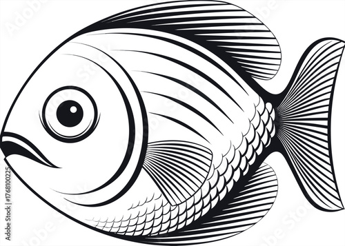 This cartoon vector illustration depicts a tropical sea fish with a large eye and a prominent fin swimming underwater in the ocean