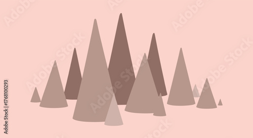 Abstract arrangement of conical shapes on a pale pink background, suggesting a stylized landscape.