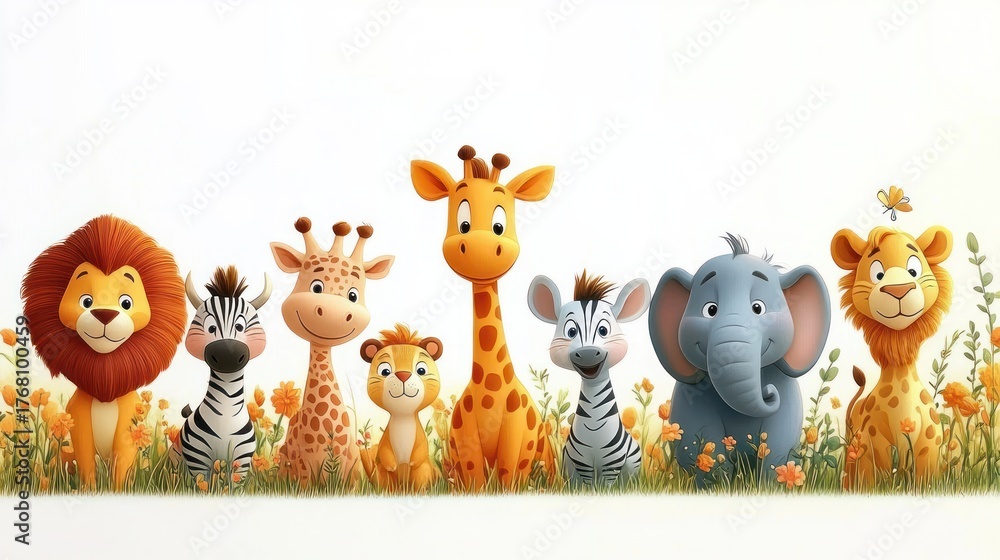 Naklejka premium A lineup of cute cartoon safari animals including lions, zebras, giraffes, a baby lion, and an elephant surrounded by orange flowers conveying a cheerful and friendly atmosphere