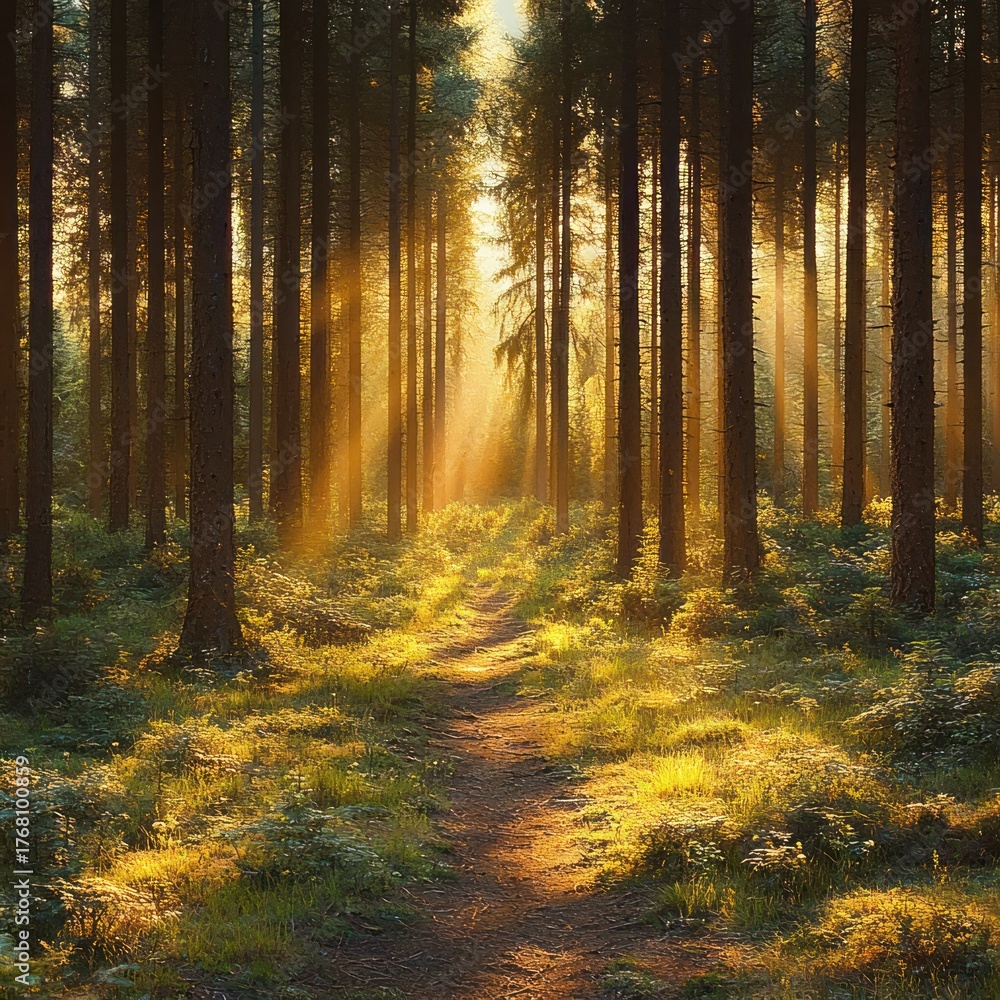 Obraz premium Sunlight beams shining through tall pine trees in a dense forest with a narrow dirt path and lush green undergrowth, creating a serene and peaceful atmosphere