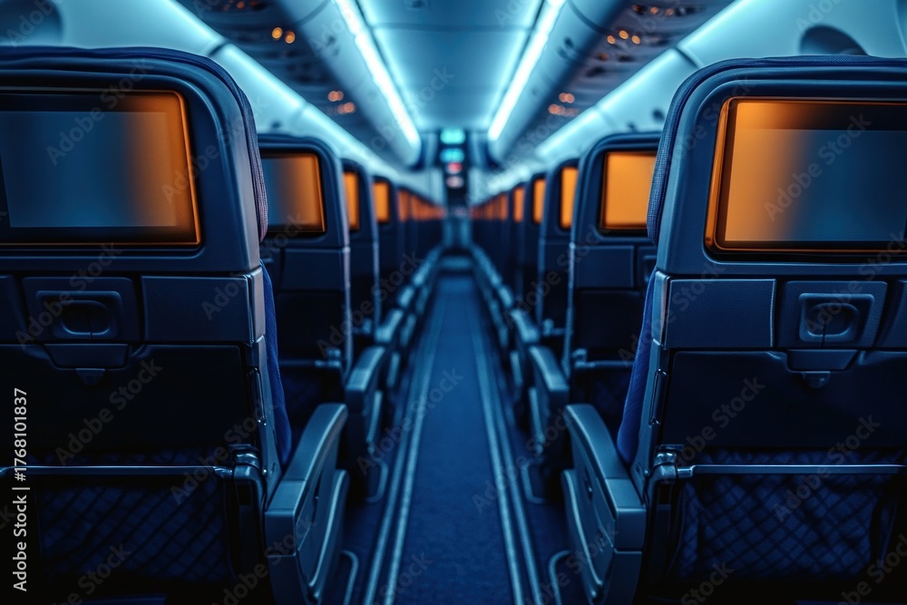 Obraz premium Empty airplane cabin interior with rows of blue seats featuring personal screens and illuminated aisle lighting creating a calm atmosphere