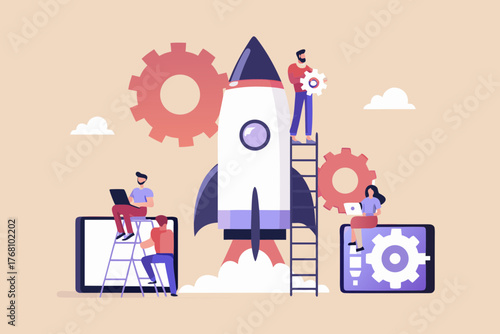 Team of people working together to build and launch a rocket ship symbolizing startup success and innovation