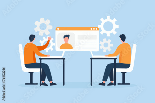 Two people in an office setting interacting with digital profiles and gears representing teamwork and technology