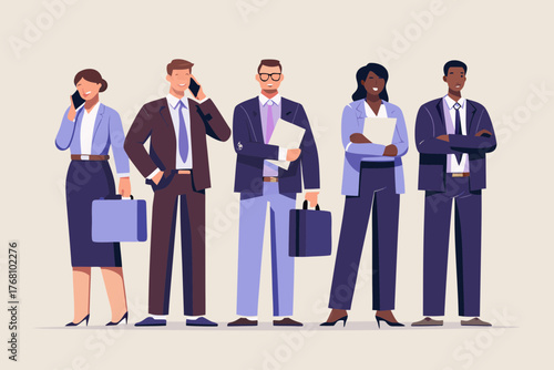 Diverse group of five business professionals in suits standing together with briefcases and phones