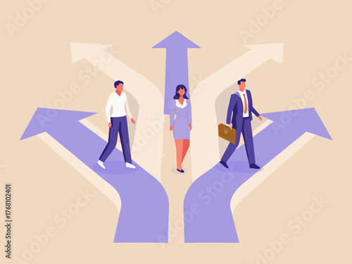 Diverse business people making different career choices at a crossroads with arrows indicating multiple paths forward