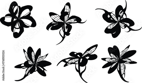 Abstract floral silhouette design collection featuring six unique blooming flowers with intricate petal patterns, modern black artistic decorative vector illustration set