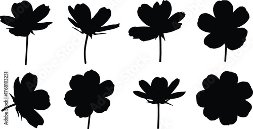 Beautiful flower silhouettes collection, blooming floral shapes in black vector design, minimalist nature illustration perfect for decoration, pattern, and botanical artwork