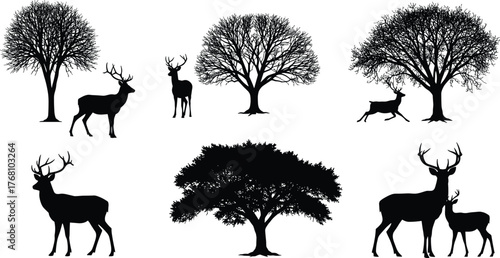 Beautiful silhouette illustration of deer and trees in nature, wildlife forest landscape with majestic animals and woodland scenery under clear sky, vector design
