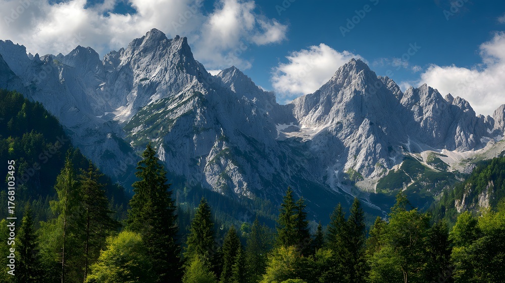 Obraz premium Majestic jagged mountain range towers above a dense evergreen forest under a partly cloudy blue sky