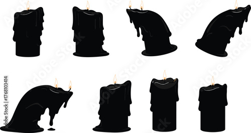 Collection of black melting candles with glowing flames, gothic aesthetic candle set, spooky Halloween decoration concept, horror wax design illustration