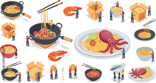 A single flat vector illustration showing a tiny person cooking in a giant pink wok full of noodles and shrimp. Isometric view, colorful cartoon style, isolated on white background, food concept, mini