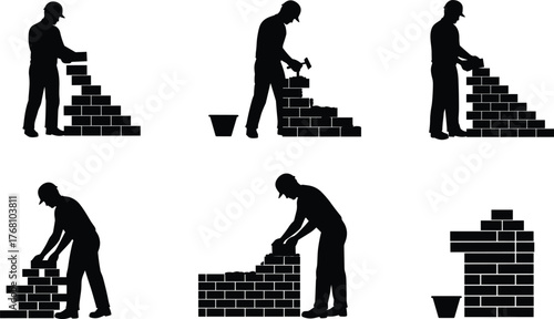 Construction bricklayers building brick walls, masonry workers laying bricks with tools, industrial construction labor silhouettes, home building and repair concept