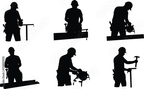 Construction carpenters working with wood, cutting and hammering boards, using power tools and saws, craftsmanship silhouettes, woodworking labor concept