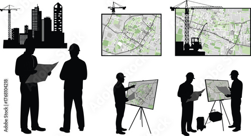 Construction engineers reviewing urban development blueprints and mapping plans on site, city infrastructure planning teamwork, professional architectural project coordination