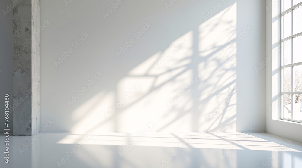 Fototapeta premium A minimalist white room with a concrete pillar, large window casting tree shadows, and reflective floor.