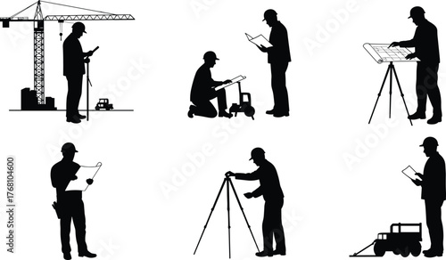 Construction engineers using blueprints and surveying equipment on site, planning project layout, industrial design, and building structure development process