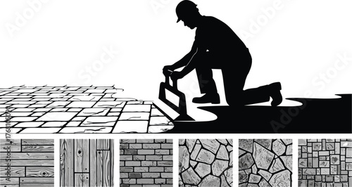 Construction worker laying decorative paving stones on driveway surface, manual masonry flooring installation, outdoor landscaping craftsmanship, professional pavement design improvement