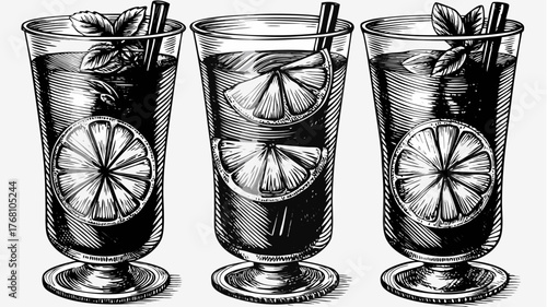 Refreshing summer drinks with citrus, mint and straws in vintage engraved style for menus and promotions