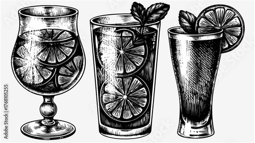 Elegant vector illustration of three refreshing citrus drinks perfect for summer vibes and healthy lifestyle