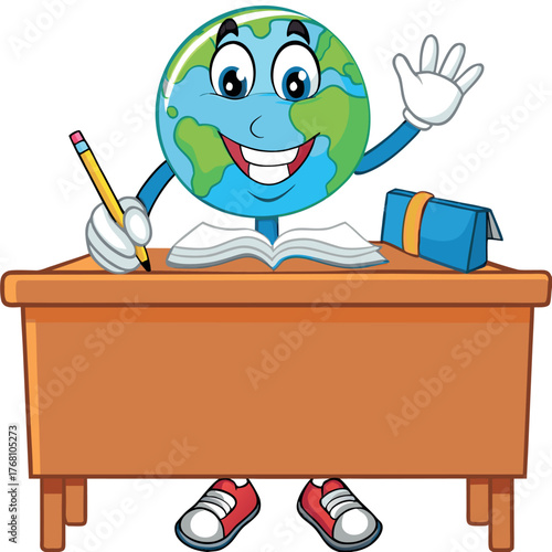 Cartoon vector illustration of a global boy student with a book on a wooden school desk, playing with a wooden toy