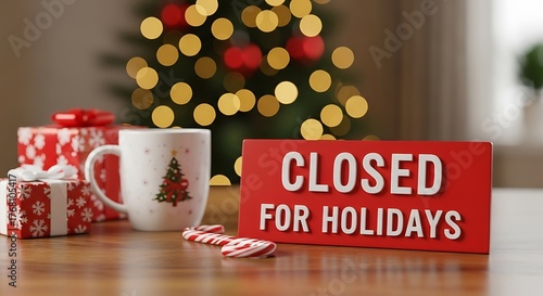 A festive scene with a closed for holidays sign, christmas tree, gifts, and a mug, creating a cozy and inviting atmosphere