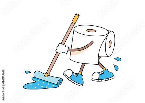 Toilet Paper Character Cleaning with Mop and Water eps vector