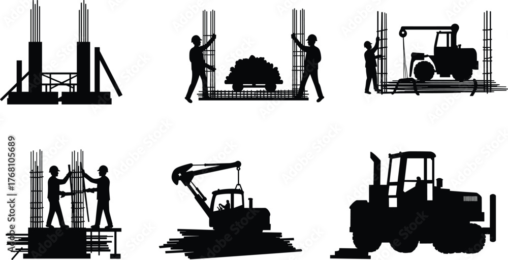 Naklejka premium Construction workers and heavy machinery silhouettes at building site, teamwork and engineering concept, industrial development, construction process, architecture and infrastructure progress